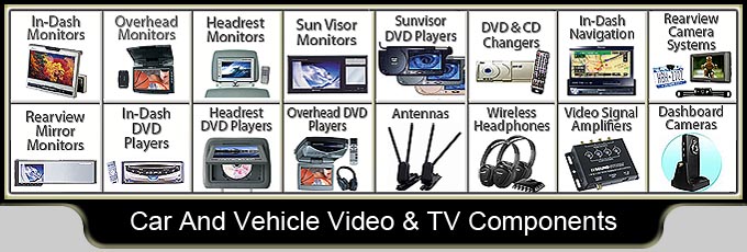 In-Dash Video Monitors, Overhead Video Monitors, Headrest Video Monitors, Sun Visor Video Monitors, Sun Visor DVD Players, DVD & CD Changers, In-Dash Navigation Systems, Rearview Camera Systems, Rearview Mirror Monitors, In-Dash DVD Players, Headrest DVD Players, Overhead DVD Players, Mobile TV Antennas, Wireless Headphones, Video Signal Amplifiers, Dashboard Cameras